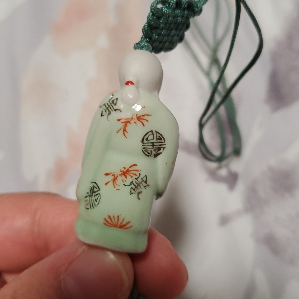 Green Luck God Fukurokuju Ceramic Pendant Necklace - Picture 5 of 8